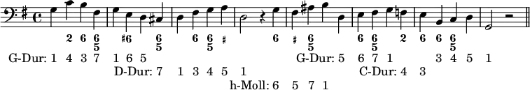 \new PianoStaff <<
\new Staff {
\key g \major
\new Voice = "right" {
\relative c' { \clef "bass" g4 c b fis g e d cis d fis g a d,2 r4 g fis ais b d, e fis g f e b c d g,2 r \bar "||" }
\addlyrics { \once \override LyricText.self-alignment-X = #1 "G-Dur: 1" "4" "3" "7" "1" "6" "5" _ _ _ _ _ _ _ _ _ _ \once \override LyricText.self-alignment-X = #1 "G-Dur: 5" "6" "7" "1" _ _ "3" "4" "5" "1"}
\addlyrics { _ _ _ _ _ _ _ \once \override LyricText.self-alignment-X = #1 "D-Dur: 7" "1" "3" "4" "5" "1" _ _ _ _ _ _ _ _ \once \override LyricText.self-alignment-X = #1 "C-Dur: 4" "3"}
\addlyrics { _ _ _ _ _ _ _ _ _ _ _ _ _ \once \override LyricText.self-alignment-X = #1 "h-Moll: 6" "5" "7" "1"}
}
}
\new FiguredBass {
\figuremode { s4 <2> <6> <6 5> s <6+> s <6 5> s <6> <6 5> <_+> s2 s4 <6> <_+> <6 5> s s <6> <6 5> s <2> <6> <6> <6 5>
}
}
>>
