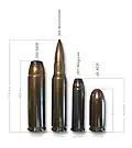 Eine .500 S&W (links im Bild) im Vergleich zu einer .308 Winchester, einer .357 Magnum und einer .45 ACP