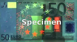 Vorderseite bei 254 nm Die Folie des Kinegramms unten rechts leuchtet nicht mehr. Dafür treten die Sterne der Europaflagge und die EURion-Kreise rot hervor.