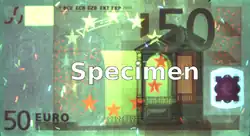 Vorderseite bei 350 nm Die Folie des Kinegramms unten rechts leuchtet auf; gut erkennbar sind die Melierfasern