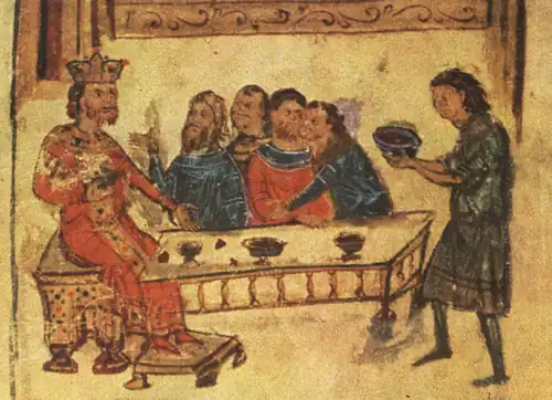 Khan Krum beim Siegesmahl nach der Schlacht, Chronik des Konstantin Manasses, 12. Jahrhundert