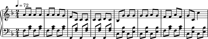 {
\new PianoStaff <<
\new Staff { \set Staff.midiInstrument = #"flute" \clef violin \tempo 4 = 72 \key f \major \time 2/4 \relative c''
{ a8 a a a a a a g f c c c c c d c bes g' g g g g a g f f a f g c, c'4 }
}
\new Staff { \set Staff.midiInstrument = #"bassoon" \clef bass \key f \major \time 2/4
{ f8 <a c'> f <a c'> f <a c'> f <a c'> f, < a f> f, < a f> f, < a f> f, < a f>
c <e bes> c <e bes> c <e bes> c <e bes> f <a c'> f <a c'> c <e bes> c <e bes> }
}
>> }