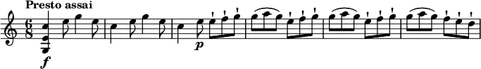 \relative c' {
\version "2.18.2"
\key c \major
\time 6/8
\tempo "Presto assai"
\tempo 4 = 160
<g e' c'>4\f e''8 g4 e8
c4 e8 g4 e8
c4 e8\p e-! f-! g-!
g (a g) e-! f-! g-!
g (a g) e-! f-! g-!
g (a g) f-! e-! d-!
}