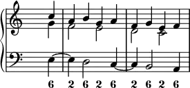 
\new PianoStaff <<
  \new Staff {
\override Staff.TimeSignature.transparent = ##t

     <<
     \new Voice = "first"
       \relative c''
         { \voiceOne \partial 4 c4 a b g a f g e f }
     \new Voice = "second"
       \relative c''
         { \voiceTwo \partial 4 g4 f2 e d c }
     >>
  }
  \new Staff {
\override Staff.TimeSignature.transparent = ##t
    \new Voice = "left" {
      \relative c { \clef "bass" \partial 4 e4 ~ e d2 c4 ~ c b2 a4
      }
    }
  }
  \new FiguredBass {
    \figuremode { \partial 4 <6>4 <2> <6> <2> <6> <2> <6> <2> <6>
    }
  }
>>
