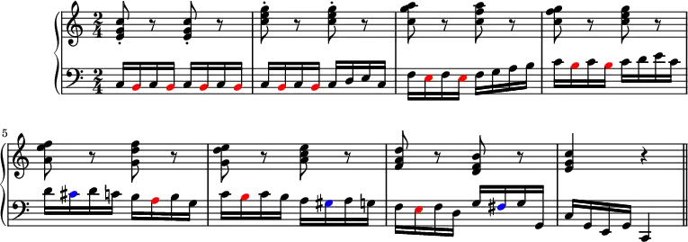 
\header {tagline = ##f}

upper = \relative c' {
  \clef treble
  \key c \major
  \time 2/4
  \tempo 4 = 96
  <e g c>8-. r <e g c>-. r <c' e g>-. r <c e g>-. r <c g' a> r <c f a> r <c f g> r <c e g> r <a e' f> r <g d' f> r <g d' e> r <a c e> r <f a d> r <d f b> r <e g c>4 r \bar "||" }
lower = \relative c {
  \clef bass
  \key c \major
  \time 2/4
  c16 \tweak NoteHead.color #red b c \tweak NoteHead.color #red b c \tweak NoteHead.color #red b c \tweak NoteHead.color #red b c \tweak NoteHead.color #red b c \tweak NoteHead.color #red b c d e c f \tweak NoteHead.color #red e f \tweak NoteHead.color #red e f g a b c \tweak NoteHead.color #red b c \tweak NoteHead.color #red b c d e c d \tweak NoteHead.color #blue cis d c b \tweak NoteHead.color #red a b g c \tweak NoteHead.color #red b c b a \tweak NoteHead.color #blue gis a g f \tweak NoteHead.color #red e f d g \tweak NoteHead.color #blue fis g g, c g e g c,4 }

\score {
  \new PianoStaff <<
    \new Staff = "upper" \upper
    \new Staff = "lower" \lower
  >>
  \layout {
    \context {
      \Score
      \remove "Metronome_mark_engraver"
    }
  }
  \midi { }
}
