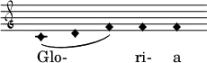 \relative c' { \clef "petrucci-g" \override Staff.TimeSignature #'stencil = ##f \set Score.timing = ##f \override Voice.NoteHead #'style = #'harmonic-black c1 (d1 f1) f1 f1 } \addlyrics { Glo- ri- a }