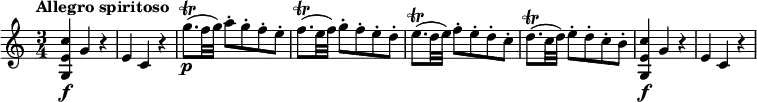 \relative c'' {
\override Score.NonMusicalPaperColumn #'line-break-permission = ##f
\version "2.18.2"
\tempo "Allegro spiritoso"
\tempo 4 = 150
\time 3/4
<c e, g,>4\f g r |
e4 c r |
g''8.\trill\p( f32 g) a8-. g-. f-. e-. |
f8.\trill( e32 f) g8-. f-. e-. d-. |
e8.\trill( d32 e) f8-. e-. d-. c-. |
d8.\trill( c32 d) e8-. d-. c-. b-.|
<c e, g,>4\f g r |
e4 c r |
}