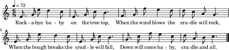 \relative c' { \autoBeamOff \key c' \major \time 6/8 \tempo 4 = 72
e8. g16 e'8 d4 c8 | e,8. g16 c8 b4. | f8. g16 f'8 e4 d8 | d8 c8 a8 g4.
e8. g16 e'8 d4 c8 | e,8. g16 c8 b4. | g8. c16 f8 e4 c8 | d8 a8 b8 c4. \bar "|."
}
\addlyrics {
Rock -- a -- bye ba -- by on the tree top,
When the wind blows the cra -- dle will rock,
When the bough breaks the crad -- le will fall,
Down will come ba -- by, cra -- dle and all.
}