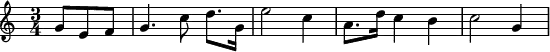 {\time 3/4 \skip4. g'8 e' f' g'4. c''8 d''8. g'16 e''2 c''4 a'8. d''16 c''4 b' c''2 g'4}