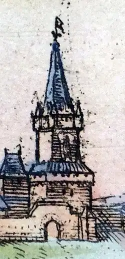 Neuturm nach Braun / Novellanus / Hogenberg vor 1574; im Vordergrund die Goldene Pforte[13]