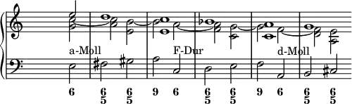 
\new PianoStaff <<
<< % wegen Generalbass
   \new Staff <<
    \set Score.tempoHideNote = ##t
    \tempo 4 = 160
    \override Staff.TimeSignature.transparent = ##t
     <<
     \new Voice = "first"
       \relative c''
         { \voiceOne s2 e d1 <c e,> bes <a c,> g \bar "" }
     \new Voice = "second"
       \relative c'
         { \voiceTwo s2 <c' g> ~ <c a> <b e,> ~ <b> <a> ~ <a f> <g c,> ~ <g> <f> ~ <f d> <e a,>}
     >>
     >>
    \new Staff <<
           \override Staff.TimeSignature.transparent = ##t
              \clef "bass"
              \relative c { s e^"a-Moll" fis gis a c,^"F-Dur" d e f a,^"d-Moll" b cis }
     >>
 >>
  \new FiguredBass {
    \figuremode { <_>2 <6> <6 5> <6 5> <9> <6> <6 5> <6 5> <9> <6> <6 5> <6 5> }
   }
>> % wegen Generalbass
