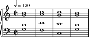 {\new PianoStaff <<
   \new Staff {  \tempo 2=120 \clef violin \key c \major \time 2/2 << { b'1 } \\ { g'1 } >> << { c''1 } \\ { a'1 } >> << { c''1 } \\ { g'1 } >> << { b'1 } \\ { g'1 } >> }
   \new Staff {               \clef bass   \key c \major \time 2/2 << { d'1 } \\ { g1 } >> << { f'1 } \\ { f1 } >> << { e'1 } \\ { c1 } >> << { d'1 } \\ { g1 } >>} 
>> }