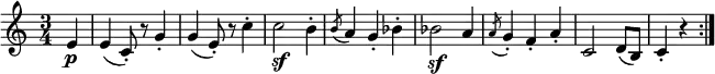  \relative e' {
\key c \major \time 3/4
\partial 4 e4 \p | e4( c8-.) r g'4-. | g4( e8-.) r c'4-.
c2 \sf b4-. | \acciaccatura b8 a4 g-. bes-. | bes2 \sf a4
\acciaccatura a8 g4-. f-. a-. | c,2 d8( b) | c4-. r \bar ":|."
} 