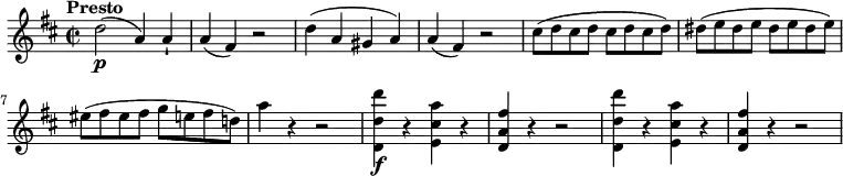 \relative c'' {
\version "2.18.2"
\key d \major
\tempo "Presto"
\time 2/2
\tempo 4 = 200
d2\p (a4) a-!
a (fis) r2
d'4 (a gis a)
a (fis) r2
cis'8 (d cis d cis d cis d)
dis8 (e dis e dis e dis e)
eis8 (fis eis fis g e fis d!)
a'4 r4 r2
<d,, d' d'>4\f r4 <e cis' a'> r4
<d a' fis'> r4 r2
<d d' d'>4 r4 <e cis' a'> r4
<d a' fis'> r4 r2
}