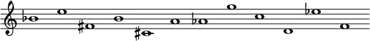 {
\new Staff \with { \remove "Bar_engraver" \remove "Time_signature_engraver"} {
bes'1 e'' fis' b' cis' a' as' g'' c'' d' es'' f'
}
}