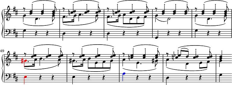 \version "2.14.2"
\header {
tagline = ##f
}
upper = \relative c'' {
\override Score.TimeSignature.stencil=##f
\set Score.currentBarNumber = #44
\clef treble
\key d \major
\time 3/4
\tempo 4 = 120
<< { r8 <b d>4-.-( <b d>-. <b d>8-.-) | r8 <c d>4-.-( <c d>-. <c d>8-.-) | r8 <c d>4-.-( <c d>-. <c d>8-.-) | r8 <b d>4-.-( <b d>-. <b d>8-.-) | r8 <b d>4-.-( <b d>-. <b d>8-.-) | r8 <d e>4-.-( <d e>-. <d e>8-.-) | r8 <d e>4-.-( <d e>-. <d e>8-.-) | r8 <c e>4-.-( <c e>-. <c e>8-.-) |
r8 c4-.-( <c d>-. <c d>8-.-) | <b d>4 }
\\
{ g4( d4. g8) | fis8.( g16 a4. g8) | fis8.( g16 a8 d, e fis) | g4( d2) |
g4( d4. g8) | \tweak NoteHead.color #red \tweak Stem.color #red \tweak Accidental.color #red gis8.( a16 b4. a8) | gis8.( a16 b8 e, fis gis) |
a4( e4. gis8) | a4( d, e8 fis) | g4 }
\\
{ s2. s2. s2. s2. s2. s2. s2. s2. | r8 es'( d) s4. | s4 }
>>
}
lower = \relative c {
\override Score.TimeSignature.stencil=##f
\clef bass
\key d \major
\time 3/4
\tempo 4 = 120
{ g'4 r r d r r d r r g, r r g' r r \tweak NoteHead.color #red \tweak Stem.color #red \tweak Accidental.color #red e r r e r r \tweak NoteHead.color #blue \tweak Stem.color #blue \tweak Accidental.color #blue a r r d, r r g }
}
%\addlyrics { \once \override LyricText.self-alignment-X = #1 G-Dur:_I V – I – \once \override %LyricText.self-alignment-X = #1 a-Moll:_V – I \once \override LyricText.self-alignment-X = #1 G-Dur:_V I }
\paper { indent = 0 }
\score {
\new PianoStaff <<
\new Staff = "upper" \upper
\new Staff = "lower" \lower
>>
\layout {
\context {
\Score
\remove "Metronome_mark_engraver"
}
}
\midi { }
}