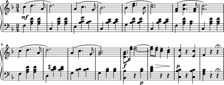 \relative b' {
\new PianoStaff <<
\new Staff { \key d \minor \time 3/4
c( d4. a8 d2.) a4( c4. g8 bes2.) bes4( <d f>4. bes8 <c e>2.) <f, a>4( <a e'>4. <f a>8 <a d>2.) c4( d4. a8 d2.) a4( c4. g8 <g bes>2.) <d g bes>8. <e' g>16 <e g>2~ <e g>8 <d f>-. <c e>4-. <bes d>-. <d e,>4 r <c e,> f, r r\fermata
}
\new Dynamics {
s\mf s4. s8 s2. s4 s4. s8 s2. s4 s4. s8 s2. s4 s4. s8 s2. s4 s4. s8 s2. s4 s4. s8 s2. s8.\f s16 s2~ s8 s\> s4 s\! s\p s s s s s
}
\new Staff { \key d \minor \time 3/4 \clef bass
f,4 <a c f> <a c f> c, <a' c f> <a c f> e <bes' c g'> <bes c> c, <bes' c e> <bes c e> g <bes c f> <bes c f> c, <bes' c e> <bes c e> f4 <a c f> <a c> c, <a' c f> <a c f> f <a c f> <a c f> d, <c' d fis> <c d fis> g <c d> <c d> g <bes d> <bes d> <bes bes,> r <bes d>\p <bes d f> r r <bes c c,> r <bes c c,> <f a c> r-. r\fermata
}
>>
}