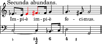 
\version "2.14.2"
\header {
  tagline = ##f
        }
melody = \relative c' {
  \override Score.TimeSignature.stencil=##f
  \key c \major
  \time 2/2
  \tempo 4 = 72
\once \override Score.RehearsalMark.self-alignment-X = #LEFT \mark "Secunda abundans." es8. d16 \tweak NoteHead.color #red \tweak Stem.color #red \tweak Accidental.color #red es4 \tweak NoteHead.color #red \tweak Stem.color #red \tweak Accidental.color #red fis8. fis16 g4 | g4. fis8 g2 \bar "||"}

\addlyrics { Im -- pi -- è im -- pi -- è fe -- ci -- mus. }

bass = \relative c {
  \override Score.TimeSignature.stencil=##f
  \clef bass
  \key c \major
  \time 2/2
  \tempo 4 = 72
c2~ c4 bes8. c16 | d2 g, }

\score {
  \new pianoStaff
    << \new Staff = "melody" \melody
       \new Staff = "bass" \bass
       \new FiguredBass { \figuremode { <_->2 <4+ 2>4 <6>4 | <4> <_+> } } >>
  \layout {
\override Staff.TimeSignature.transparent =##t
    \context {
      \Score
      \remove "Metronome_mark_engraver"
%      \remove "Staff_collecting_engraver"
      \remove "Bar_number_engraver"
    }
  indent = 0
  }
  \midi { }
}
