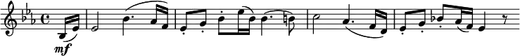 { \relative bes { \key es \major \time 4/4
\partial 8 bes16( \mf es) | es2 bes'4.( as16 f) | es8-. g-. bes-. es16( bes) bes4.( b8) |
c2 as4.( f16 d) | es8-. g-. bes!-. as16( f) es4 r8
}} 
