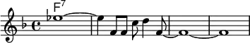 <<\chords {f:7}
\relative c' { \key f \major ees'1~ ees4 f,8 f c' d4 f,8~ f1~ f}>>
