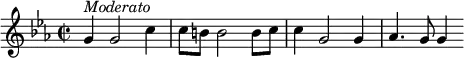 {
\clef violin \key es \major \time 2/2 \tempo 4 = 80
\set Score.tempoHideNote = ##t
g'4( ^\markup{\italic{Moderato}} g'2 c''4
c''8 b' b'2 b'8 c''
c''4 g'2 g'4
as'4. g'8 g'4
}