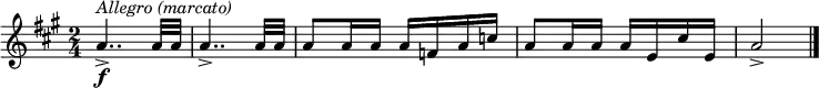 {
\key a \major \time 2/4 \tempo 4 = 100
\set Score.tempoHideNote = ##t
a'4..\f-> ^\markup{\italic{Allegro (marcato)}} a'32 a'
a'4..-> a'32 a'
a'8 a'16 a' a' f' a' c''
a'8 a'16 a' a' e' cis'' e'
a'2-> \bar "|."
}