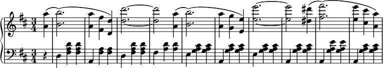 {
  \new PianoStaff <<
   \new Staff {\key b \minor \time 3/4 \set Score.tempoHideNote = ##t \tempo 2. = 52 \relative c' { \partial 4 <a' a'>( <b b'>2.)( <a a'>4 <fis fis'> <d d'>) <d' d'>2.~ <d d'>2 <a a'>4( <b b'>2.)( <a a'>4 <g g'> <e e'>) <e' e'>2.~ <e e'>2 <dis dis'>4( <fis fis'>2.)( <e e'>4 <cis cis'> <a a'>)}}

   \new Staff {\clef bass \key b \minor \time 3/4 \partial 4 \relative c {r4 d4 <fis a d> q a, <fis' a> q d <fis a d> q fis <a d> q e <g a cis> q a, <g' a cis> q e <g a cis> q a, <g' a cis> q a, <g' a e'> q a, <g' a cis> q}}
>>
}