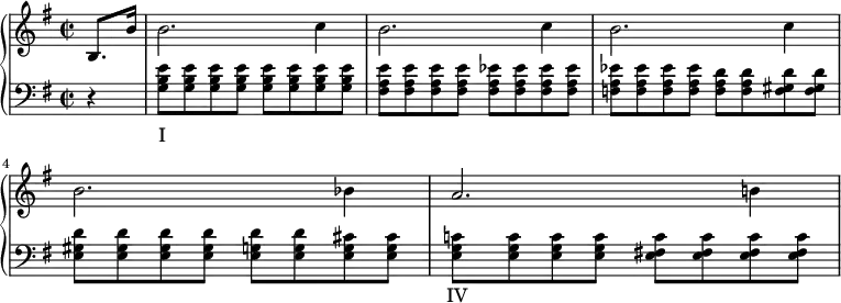 
\new PianoStaff <<
   \new Staff <<
   \set Score.tempoHideNote = ##t
   \key e \minor
   \time 2/2
   \tempo 2 = 54
   \relative c' { \partial 4 b8. b'16 b2. c4 b2. c4 b2. c4 b2. bes4 a2. b!4 }

          >>

   \new Staff <<
   \clef "bass"
   \key e \minor
   \time 2/2
   \relative c {

  r4
  <g' b e>8 <g b e> <g b e> <g b e> <g b e> <g b e> <g b e> <g b e>                               % Takt  1
  <fis a e'> <fis a e'> <fis a e'> <fis a e'> <fis a es'> <fis a es'> <fis a es'> <fis a es'>     % Takt  2
  <f a es'> <f a es'> <f a es'> <f a es'> <f a d> <f a d> <f gis d'> <f gis d'>                   % Takt  3
  <e gis d'> <e gis d'> <e gis d'> <e gis d'> <e g d'> <e g d'> <e g cis> <e g cis>               % Takt  4
  <e g c!> <e g c> <e g c> <e g c> <e fis! c'> <e fis c'> <e fis c'> <e fis c'>                   % Takt  5
}
  \addlyrics { I _ _ _ _ _ _ _ _ _ _ _ _ _ _ _ _ _ _ _ _ _ _ _ _ _ _ _ _ _ _ _ IV }
        >>
  >>

