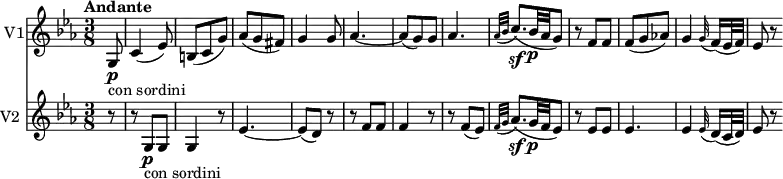 <<
\new Staff \with { instrumentName = #"V1"} \relative c' {
\clef "treble"
\tempo "Andante"
\key ees \major
\time 3/8
\tempo 4 = 50
\partial 8 g8 \p _ \markup{con sordini} c4 (ees8)
b (c g')
aes (g fis)
g4 g8
aes4. ~ aes8 (g) g
aes4.
\grace {aes32 (bes} c8.)\sf (bes32\p aes g8)
r8 f f
f (g aes!)
g4 \grace g32 (f16) (ees32 f)
ees8 r
}
\new Staff \with { instrumentName = #"V2 "} \relative c' {
\clef "treble"
\key ees \major
\time 3/8
\partial 8 r8 r g\p _ \markup{con sordini} g g4 r8
ees'4. ~ ees8 (d) r r f f f4 r8 r f (ees)
\grace {f32 (g} aes8.)\sf (g32\p f ees8)
r8 ees ees
ees4.
ees4 \grace ees32 (d16) (c32 d)
ees8 r
}
>>
