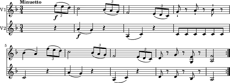 <<
\new Staff \with {
instrumentName = #"V1"
}
\relative c'' {
\version "2.18.2"
\clef "treble"
\tempo "Minuetto"
\key f \major
\time 3/4
\tempo 4 = 110
s2 \tuplet 3/2 {f8\f (e d)}
c2 \tuplet 3/2 {bes8 (a g)}
f2 \tuplet 3/2 {e8 (d c)}
g'-! r8 a-! r8 bes8-! r8
bes4 (a) \tuplet 3/2 {f'8 (e d)}
c2 \tuplet 3/2 {bes8 (a g)}
f2 \tuplet 3/2 {e8 (d c)}
d8 r8 g8 r8 <g, e'>8 r8
<a f'>2 \bar ":|."
}
\new Staff \with {
instrumentName = #"V2" }
\relative c'' {
\clef "treble"
\tempo "Andante"
\key f \major
\time 3/4
s2 r4
a4\f (g) r4
a, (c) r4
c8 c c c c c
c2 r4
a'4 (g) r4
a, (c) r4
d8 r8 d8 r8 bes8 r8
a2 \bar ":|."
}
>>