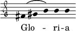 \relative c' { \clef "petrucci-g" \override Staff.Stem #'transparent = ##t \override Staff.TimeSignature #'stencil = ##f \set Score.timing = ##f \override Voice.NoteHead #'style = #'baroque \set suggestAccidentals = ##f \key c \major fis4 (gis4 b4) b4 b4 } \addlyrics {Glo -- ri -- a }