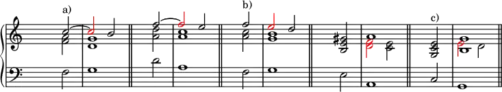 
\new PianoStaff <<
   \new Staff <<
    \set Score.tempoHideNote = ##t
    \tempo 4 = 160
    \override Staff.TimeSignature.transparent = ##t
     <<
     \new Voice = "first"
       \relative c''
         { \voiceOne s2 c^"a)" ~ \tweak NoteHead.color #red \tweak Stem.color #red c b \bar "||" s2 f' ~ \tweak NoteHead.color #red \tweak Stem.color #red f e \bar "||" s2 f^"b)" \tweak NoteHead.color #red \tweak Stem.color #red e d \bar "||" s2 <gis, e b> a1 \bar "||" s2 <g, c e>^"c)" <b g'>1 \bar "||" }
     \new Voice = "second"
       \relative c'
         { \voiceTwo s2 <f a> <d g>1 s2 <a' d> <a c>1 s2 <a c> <g b>1 s1 <\tweak NoteHead.color #red \tweak Stem.color #red d \tweak NoteHead.color #red \tweak Stem.color #red f>2 <c e> s1 \tweak NoteHead.color #red \tweak Stem.color #red e2 d }
     >>
     >>

    \new Staff <<
           \override Staff.TimeSignature.transparent = ##t
              \clef "bass"
              \relative c { s2 f g1 s2 d' a1 s2 f g1 s2 e a,1 s2 c g1 }
     >>
 >>
