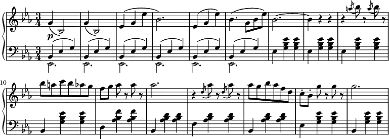 
 \relative c' {
  \new PianoStaff <<
   \new Staff { \key c \minor \time 3/4
        g'( bes,2) | g'4( bes,2) | ees4( g ees' | bes2.) | ees,4( g ees') | bes4.( g8 bes ees) | bes2.~ |\set Score.tempoHideNote = ##t \tempo "" 2. = 48 bes4 r r  r \slashedGrace a'8( bes) r \slashedGrace a( bes) r bes8 a c bes aes g f[ g] aes r aes r aes2. r4 \slashedGrace d,8( aes') r \slashedGrace d,( aes') r aes8 g bes aes f d c-.[ bes-.] g' r g r g2.
      }
   \new Dynamics {
    s\p
      }
   \new Staff { \key c \minor \time 3/4 \clef bass
    <<
      { bes,,,4( ees g) bes,( ees g) bes,( ees g) bes,( ees g) bes,( ees g) bes,( ees g)}
    \\
      { ees,2. ees ees ees ees ees }
    >>
{ ees'4 <g bes ees> <g bes ees> ees <g bes ees> <g bes ees> ees <g bes ees> <g bes ees> bes, <g' bes ees> <g bes ees> d <aes' bes f'> <aes bes f'> bes, <aes' bes d> <aes bes d> f <aes bes d> <aes bes d> bes, <aes' bes d> <aes bes d> ees <g bes ees> <g bes ees> bes, <g' bes ees> <g bes ees> }
      }
  >>
 }

