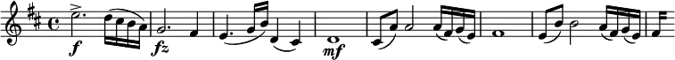  { \relative e'' { \key d \major \time 4/4
e2.-> \f d16( cis b a) | g2. \fz fis4 | e4.( g16 b) d,4( cis) | d1 \mf |
cis8( a') a2 a16( fis) g( e) | fis1| e8( b') b2 a16( fis) g( e) | \set stemLeftBeamCount = #0 fis16[] s
}}
\layout { \context {\Score \override SpacingSpanner.common-shortest-duration = #(ly:make-moment 1/8) }}

