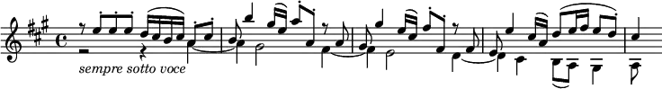  { \relative e'' { \key a \major \time 4/4
<< \new Voice = "first" { \voiceOne r8 e-. e-. e-. d16( cis b cis) a8-. cis-. | b8 b'4 gis16( e) a8-. a,-. r a |
   gis8 gis'4 e16( cis) fis8-. fis,-. r fis | e8 e'4 cis16( a) d8( e16 fis e8 d-.) | cis4}
   \new Voice = "second" \relative a' { \voiceTwo r2 _\markup { \italic "sempre sotto voce" } r4 a~ | a4 gis2 fis4~ |
   fis4 e2 d4~ | d4 cis b8( a) gis4 | a8 } >> }}
\layout { \context { \Score \override SpacingSpanner.common-shortest-duration = #(ly:make-moment 1/8) }} 