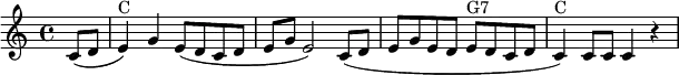 \relative c' {\key c \major \time 4/4 \partial 4 c8( d e4)^"C" g e8( d c d e g e2) c8( d e g e d e^"G7" d c d c4)^"C" c8 c c4 r}