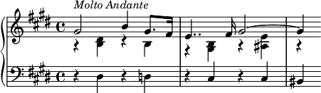 {
  \set Score.tempoHideNote = ##t
  \new PianoStaff <<
    \new Staff { \clef violin \key e \major \time 4/4 \tempo 4 = 60
      << { \voiceOne
        gis'2(^\markup{\italic{Molto Andante}} b'4 gis'8. fis'16
        e'4.. fis'16 gis'2~
        gis'4
      }
      \new Voice { \voiceTwo
        r4 <b dis'> r b
        r4 <gis b> r <ais e'>
        r
      } >> \oneVoice
    }
    \new Staff { \clef bass \key e \major \time 4/4
      r4 dis r d
      r cis r cis
      bis,
    }
  >>
}