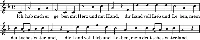 \layout { \context { \Score \remove "Bar_number_engraver" } }
\relative c' { \set Staff.midiInstrument = #"clarinet"
\set Score.tempoHideNote = ##t \tempo 4 = 108
\key f \major \time 4/4 \partial 4
c4 | a'2 g4 a4 | f2 c4 c4 | c'2 bes4 c4 | a2 r4 f4 |
d'4 d4 d4 d4 | c2 a4 c4| c4 bes8 (a8) bes4 c4| a2 r4 f4 |
d'4 d4 f4 d4 | c2 a4 c4| c4 bes8 (a8) bes4 c4| a2 r4| \bar "|."
}
\addlyrics {
Ich | hab mich er -- | ge -- ben mit | Herz und mit | Hand, dir |
Land voll Lieb und | Le -- ben, mein | deut -- sches Va -- ter -- | land, dir |
Land voll Lieb und | Le -- ben, mein | deut -- sches Va -- ter -- | land.
}