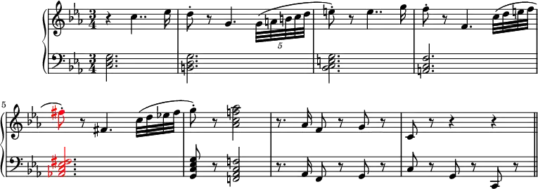 \version "2.14.2"
\header {
tagline = ##f
}
upper = \relative c'' {
\clef treble
\key c \minor
\time 3/4
\tempo 2 = 63
%\autoBeamOff
r4 c4.. es16 d8\staccato r g,4. \tuplet 5/4 { g32(a b c d } e8\staccato) r e4.. g16 f8\staccato r f,4. c'32 (d e f \tweak NoteHead.color #red \tweak Stem.color #red \tweak Accidental.color #red fis8\staccato) r fis,4. c'32 (d es! fis g8\staccato) r < as, c f! as >2 r8. as16 f8 r g r c, r r4 r \bar "||" }
lower = \relative c {
\clef bass
\key c \minor
\time 3/4
< c es g >2. < b d g > < bes c e g > < a c f > \override NoteHead.color = #red \override Stem.color = #red \override Accidental.color = #red < as! c es fis > \revert NoteHead.color \revert Stem.color \revert Accidental.color < g c es g >8 r < f! as c f! >2 r8. as16 f8 r g r c r g r c, r }
\score {
\new PianoStaff <<
\new Staff = "upper" \upper
\new Staff = "lower" \lower
>>
\layout {
\context {
\Score
\remove "Metronome_mark_engraver"
}
}
\midi { }
}