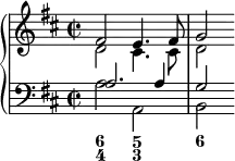 \version "2.14.2"
\header {
tagline = ##f
}
upper = \relative c' {
\key d \major \time 2/2 \tempo 2 = 54
<<
{
\voiceOne fis2 e4. fis8 g2
}
\new Voice {
\voiceTwo d2 cis4. cis8 d2
}
>>
}
lower = \relative c' {
\clef bass \key d \major \time 2/2
<<
{
\voiceOne a2. a4 g2
}
\new Voice {
\voiceTwo a2 a, b
}
>>
}
\score {
\new PianoStaff <<
\new Staff = "upper" \upper
\new Staff = "lower" \lower
\new FiguredBass {
\figuremode { <6 4>2 <5 3> <6>
}
}
>>
\layout {
\context {
\Score
\remove "Metronome_mark_engraver"
}
}
\midi { }
}
