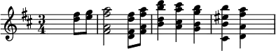 {\key d \major \time 3/4 \skip4 \skip4 <d'' fis''>8 <e'' g''> <fis' a' fis'' a''>2 <d' fis' d'' fis''>8 <fis' a' fis'' a''>8 <b' d'' b'' d'''>4 <a' cis'' a'' cis'''> <g' b' g'' b''> <cis' b' eis'' b''> <d' a' fis'' a''> \skip4}
