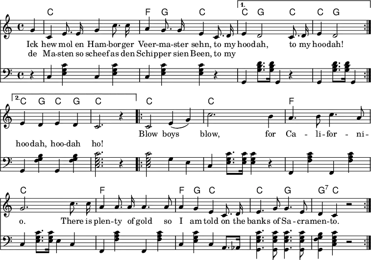 % ''Knurrhan'' (1932)
\language "deutsch"
\header { tagline = ##f }
\layout { indent = 0
\context { \Score \remove "Bar_number_engraver" }
\context { \Voice \remove "Dynamic_engraver" }
}
global = { \key c \major \time 4/4 \partial 4 }
chordNames = \chordmode { \global \set midiInstrument = "acoustic guitar (nylon)"
\repeat volta 2 { s4 | c1\p | f4 g c2 | } \alternative { { c4 g2 c4 | c4 g2 } { c4 g c g | c2. s4 | } }
\repeat volta 2 { c1 | c | f | c | f | f4 g c2 | c g | g4:7 c s2 | }
}
melody = \new Voice = "melody" \relative c'' { \global \autoBeamOff % \set midiInstrument = "clarinet"
\repeat volta 2 { \set midiInstrument = "tuba" g4 | c, e8. e16 g4 c8. c16 | a4 g8. g16 e4 \set midiInstrument = "accordion" c8. d16 | }
\alternative { { e4 d2 c8. d16 | e4 d2 } { e4 d e d | c2. r4 } }
\repeat volta 2 { \set midiInstrument = "accordion" c2 e4 (g) | c2. h4 | a4. h8 c4. a8 | g2.
c8. c16 | a4 a8. a16 a4. a8 | a4 g e c8. d16 | e4. g8 g4. e8 | d4 c r2 | }
}
links = \relative c { \global \clef bass \set midiInstrument = "accordion"
\repeat volta 2 { r4 | c4\p <c' g e> c, <c' e, g> | c, <c' e, g> <c e, g> r4 }
\alternative { { g,4 <d'' h g>8.\pp <d h g>16 g,,4 r4 | g <d'' h g>8. <d h g>16 g,,4 }
{ g4 <h' g f> g, <h' g f> | <c g e c>2. r4 } }
\repeat volta 2 { <c g e c>2 g4 e | c <c' g e>8. <c e, g>16 <c e, g>4 r |
f,, <c'' a f> f,, <c'' a f> | c, <c' g e>8. <c e, g>16 e,4 c |
f, <c'' a f> f,, <c'' a f> | c, <c' g e> c, a8. as16 |
<c' g e g,>4. <c g e g,>8 <c g e g,>4. <c g e g,>8 | <h g f g,>4 <c g e c> r2 | }
}
verse = \new Lyrics \lyricmode {
<< { Ick hew mol en Ham -- bor -- ger Veer -- ma -- ster sehn,
to my hoo -- dah, to my hoo -- dah! }
\new Lyrics \lyricmode { de Ma -- sten so scheef as den Schip -- per sien Been,
to my "" "" "" "" "" "" hoo -- dah, hoo -- dah ho! }
>>
Blow boys blow, for Ca -- li -- for -- ni -- o.
There is plen -- ty of gold so I am told
on the banks of Sa -- cra -- men -- to.
}
\score {
<<
\new ChordNames \chordNames
\new ChoirStaff \melody
\addlyrics \verse
<<
\new Staff \links
>>
>>
\layout { }
}
\score { \unfoldRepeats { << \chordNames \\ \melody \\ \links >> }
\midi { \tempo 4=112
\context { \Score midiChannelMapping = #'instrument }
\context { \Staff \remove "Staff_performer" }
\context { \Voice \consists "Staff_performer" }
}
}