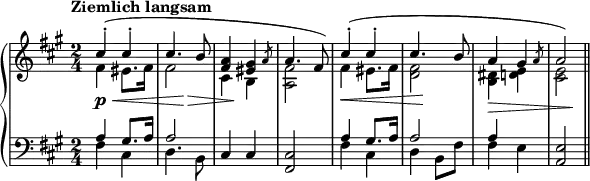 { \new PianoStaff { <<
\new Staff { << \relative cis'' {
\key fis \minor \time 2/4 \stemUp \slurUp \tempo "Ziemlich langsam" cis4^.( cis^. cis4. b8 <fis a>4 \afterGrace <eis gis> {\once \override Flag.stroke-style = #"grace" a8} a4. fis8)
cis'4^.( cis^. cis4. b8 a4 \afterGrace gis {\once \override Flag.stroke-style = #"grace" a8} a2) \bar "||" }
\relative fis' {
\key fis \minor \time 2/4 \stemDown \slurUp fis4 eis8. fis16 fis2 cis4 b <a fis'>2
fis'4 eis8. fis16 <d fis>2 <b dis>4 <d e> <cis e>2}
{ s2 \p \< s4 s4 \> s8 s4.\! s2 s2 \< s8 s4. \! s2 \> s4 s \!}
>> }
\new Staff { << \relative a {
\clef "bass" \key fis \minor \time 2/4 \stemUp a4 gis8. a16 a2 s s a4 gis8. a16 a2 a4 }
\relative fis { \key fis \minor \time 2/4 \stemDown fis4 cis d4. b8 \stemUp cis4 cis <fis, cis'>2 \stemDown fis'4 cis d b8 fis' fis4 e \stemUp <a, e'>2 }
>> }
>>}}