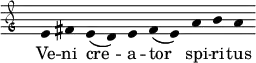 
{ \clef "petrucci-g"
  \override Staff.Stem #'transparent = ##t
  \override Staff.TimeSignature #'stencil = ##f
  \set Score.timing = ##f
  \override Voice.NoteHead #'style = #'baroque
  \set suggestAccidentals = ##f
e'4 fis'4 e'4 (d'4) e'4 fis'4 (e'4) a'4 b'4 a'4 }
\addlyrics { Ve -- ni cre -- a -- tor spi -- ri -- tus }