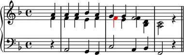 
\header {tagline = ##f}
upper = \relative c'' {
  \clef treble
  \key f \major
  \time 4/4
  \tempo 4 = 100
      <<
         {
           \voiceOne
           s2. a4 a a bes a g g f2 }
           \new Voice {
           \voiceTwo
           s2. f4 f f e f \tweak NoteHead.color #red \tweak Stem.color #red f e f <bes, d> <a c>2 r4 \bar "||" }
       >>
}
lower = \relative c {
  \clef bass
  \key f \major
         { s2. r4 a2 g4 f c'2 a4 bes f2 r4}
}
\score {
  \new PianoStaff <<
    \new Staff = "upper" \upper
    \new Staff = "lower" \lower
  >>
  \layout {
    \context {
      \Score
      \remove "Metronome_mark_engraver"
    }
  }
  \midi { }
}
