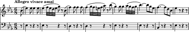 <<
\new Staff \relative c'' {
\clef "treble"
\tempo "Allegro vivace assai"
\key ees \major
\time 6/8
\tempo 4 = 170
\partial 8 bes8 (ees4) ees8 ees4 ees8
ees4 (f32 ees d ees g8) r8
bes,8 (f'4) f8 f4 f8
f4 (g32 f e f aes8) r8
bes (g4) g8 g4 aes32 (g f g bes4.) ~ bes8 g ees
f4. ~ f8 d bes ees4 r8 r4 r8
}
\new Staff \relative c {
\clef "bass"
\key ees \major
\time 6/8
\partial 8 r8 ees4 r8 r4 r8 ees4 r8 r4 r8
d4 r8 r4 r8 d4 r8 r4 r8
ees4 r8 r4 r8 ees4 r8 r4 r8
bes4 r8 r4 r8
ees4 r8 r4 r8
}
>>
