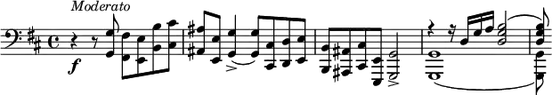 {
\clef bass \key d \major \time 4/4 \tempo 4 = 60
\set Score.tempoHideNote = ##t
r4\f ^\markup{\italic{Moderato}} r8 <g, g> <fis, fis> <e, e> <b, b> <cis cis'>
<ais, ais>8 <e, e> <g, g>4->( <g, g>8) <cis, cis> <d, d> <e, e>
<b,, b,>8 <ais,, ais,> <cis, cis> <e,, e,> <g,, g,>2->
<< { \voiceOne
r4 r16 d g a <d g b>2(
<d g b>8)
}
\new Voice { \voiceTwo
<g,, g,>1(
<g,, g,>8)
} >> \oneVoice
}