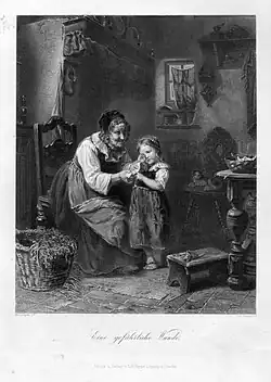 Stahlstich "Eine gefährliche Wunde" nach Moeslagen, das die liebevolle Versorgung eines am Finger verletzten jungen Mädchens durch eine ältere Frau zeigt