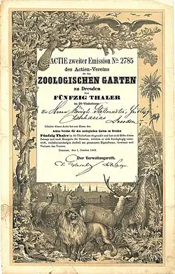 Aktie des Zoologischen Gartens zu Dresden über 50 Thaler, ausgestellt am 1. Oktober 1863