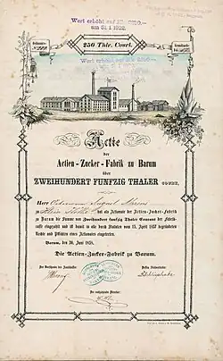 Gründeraktie der Actien-Zucker-Fabrik zu Barum über 250 Thaler, ausgestellt am 30. Juni 1858